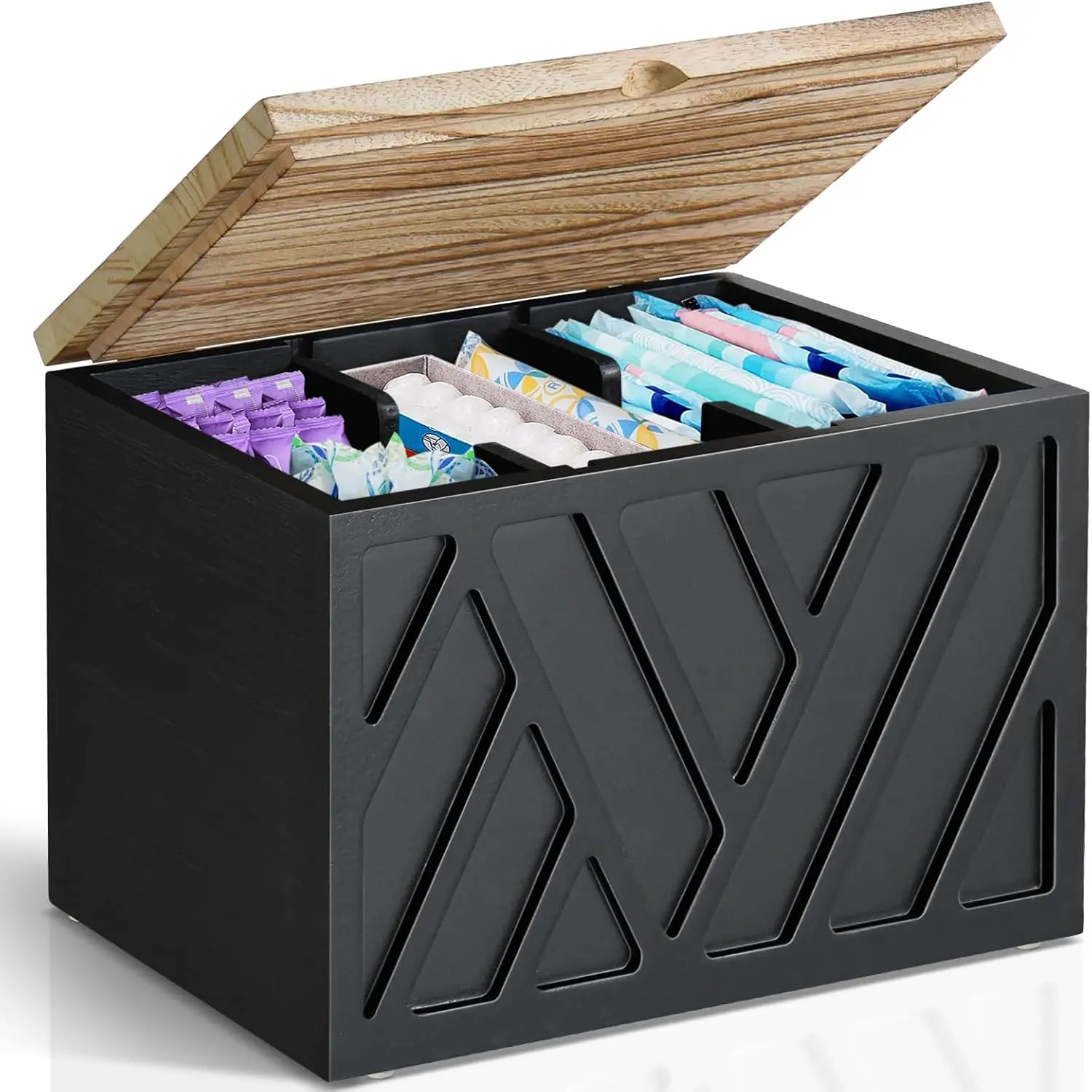 Jorkol Minimalist Decorative Cotton Disposable Tampon Holder Container - Bathroom Organizer with Lid, Wood Pad, Toilet Accessory Box for Girls (Shark Week Storage)
