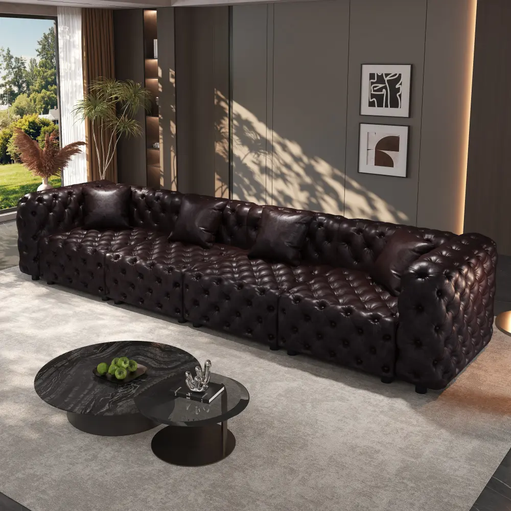134.4" Modern Sofa Set, Faux Leather Upholstered Modular 4-Seater Sectional Couch with Pure Handmade Button Tufted Design, 4 Pillows, Multi Combination for Living Room,Dark Brown