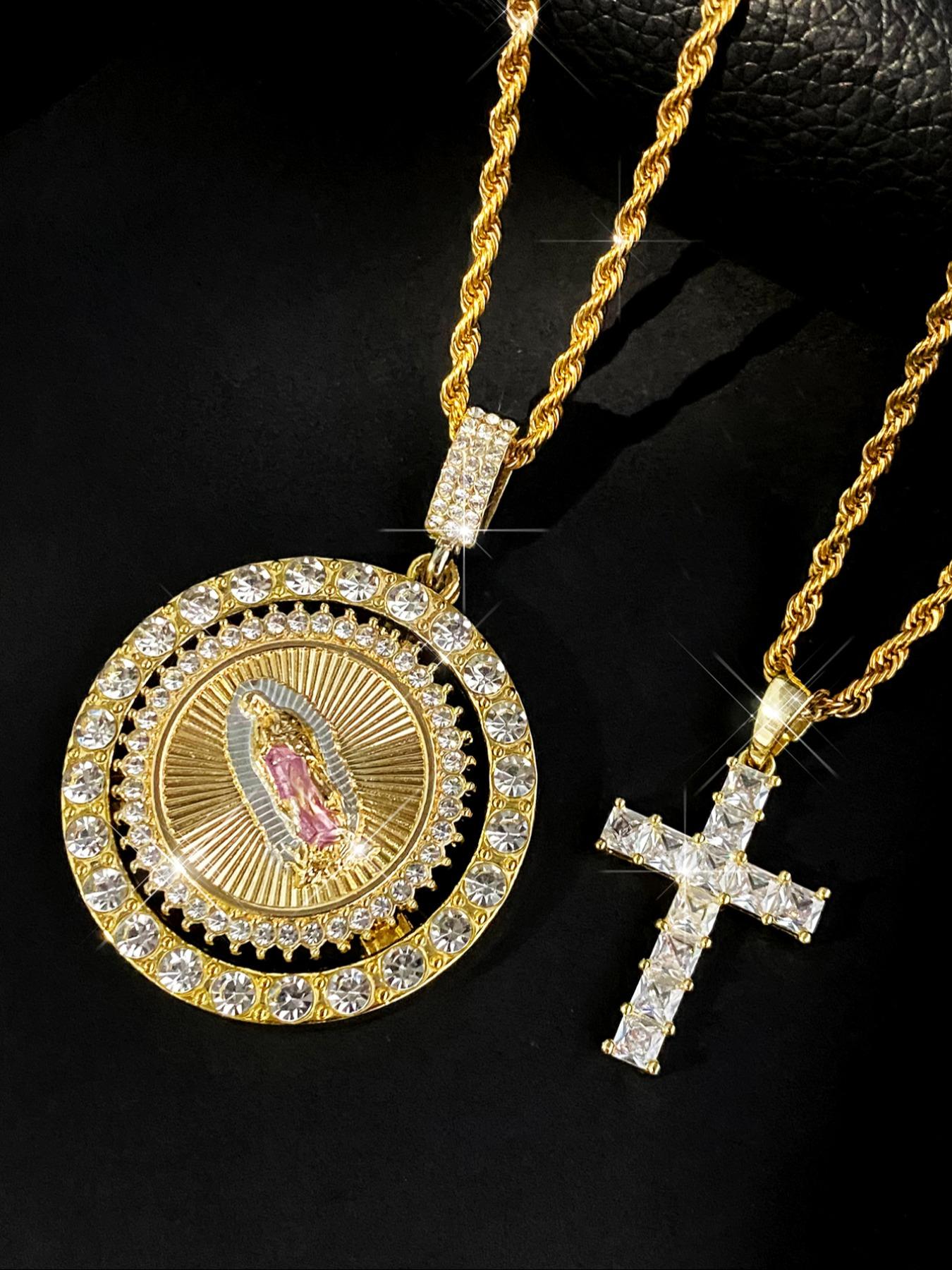 Virgin Mary Pendant Rope Chain & Cross Pendant Necklace, Rhinestone Decor Layered Necklace, Fashion Jewelry Accessories for Women & Men, Cross Necklaces