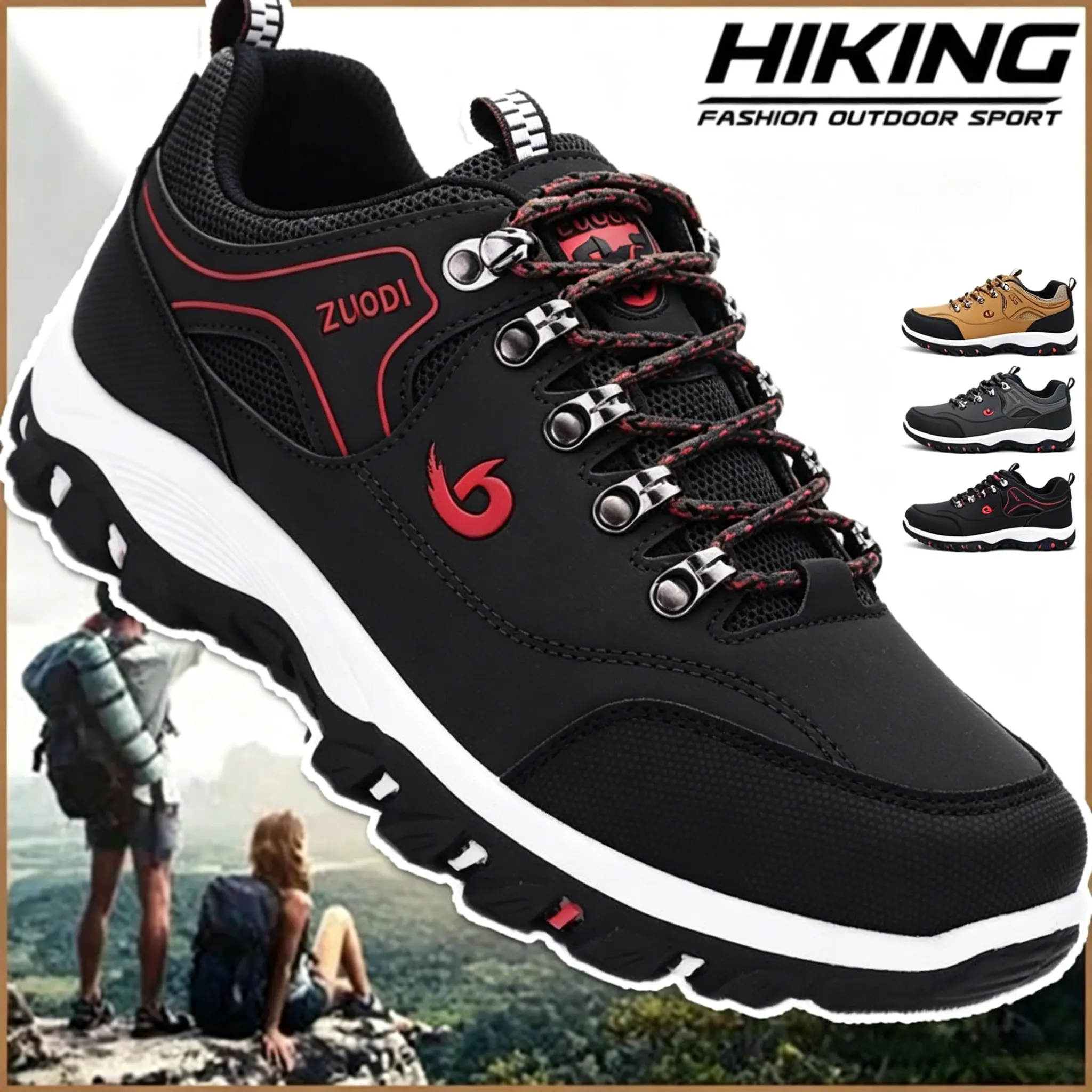 Men's Waterproof Leather Hiking Shoes, Solid Lace-Up Outdoor Sneakers with a Breathable Anti-Slip Sole for Camping, Men’s Shoes, Round Toe, Male, Lace-Up Fit, Rubber Sole, Sports And Leisure, Outdoor Walking Shoes, Trekking Camping Shoes
