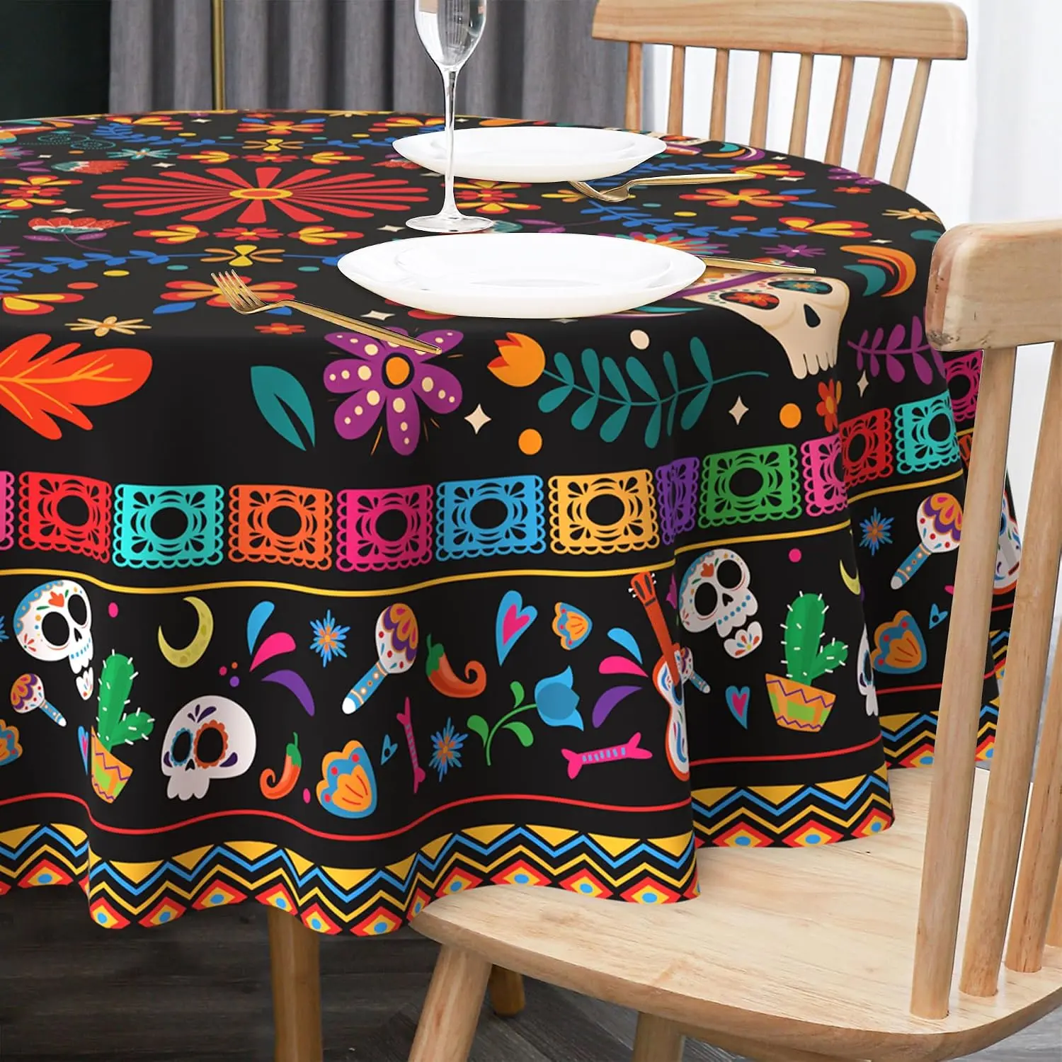 70-Inch Round Mexican Synthetic Polyester Tablecloth, Modern Skull Flowers & Marigold Design, Washable Fiesta Decor for 4-6 People’s Dining Room, Cinco De Mayo Parties, Table Cover