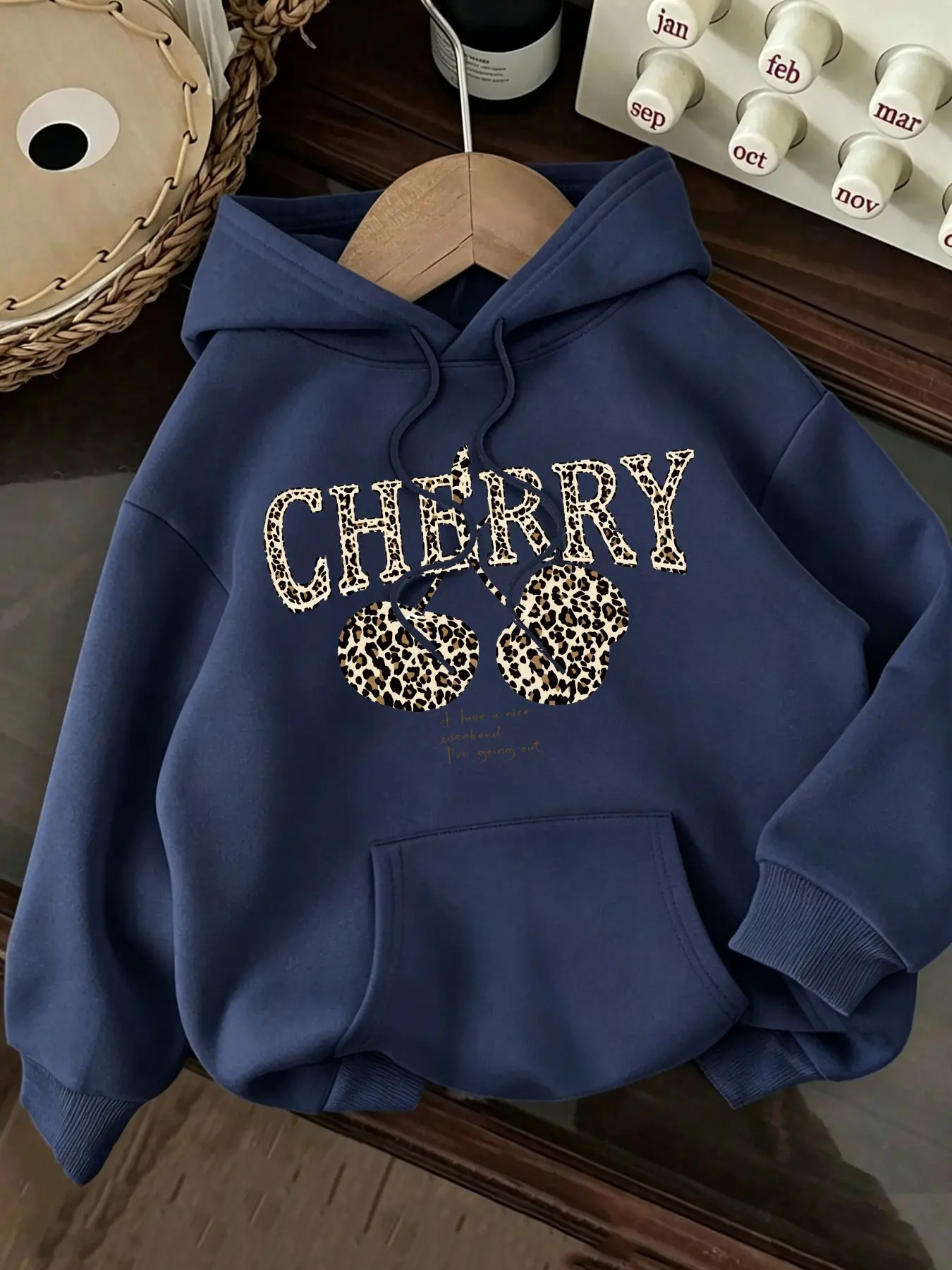 Vintage Sweet Cool Hoodie, Leopard Print Cherry & Cherry Letter Print, Loose Fit, Kangaroo Pocket, Soft Texture, Multiple Colors, Casual Wear
