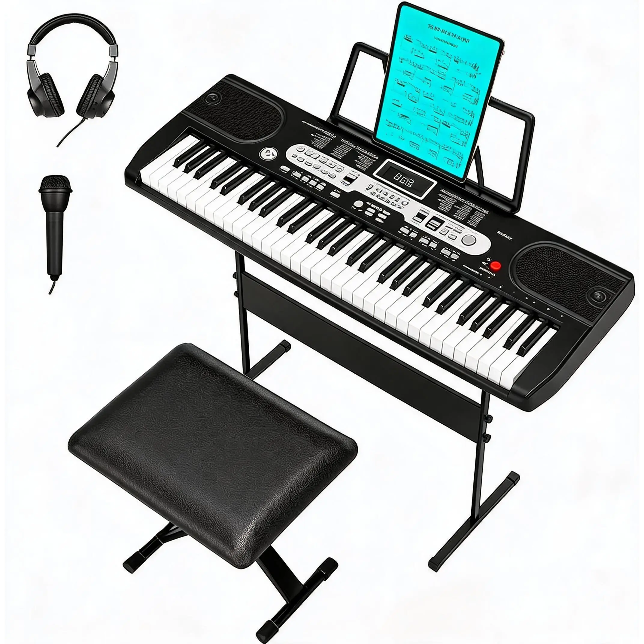 61-Key Portable Electronic Keyboard Piano for Beginners and Kids – LCD Display, 200 Voices & Rhythms, Includes Stand, Stool, Headphones, Microphone, Carry Bag – Complete Musical Starter Set