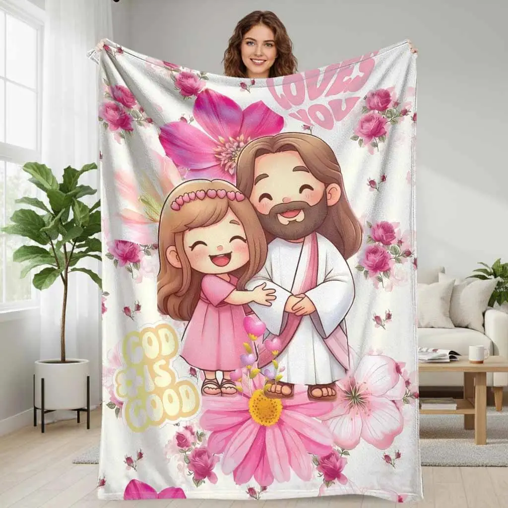 Cartoon Character Religious Inspirational Flannel Blanket - Floral Blush Pink Heart-Hugging Female Garden Decor, Soft Warm Plush Throw for Bedroom Sofa Nap, Spiritual Holiday Blessing Gift