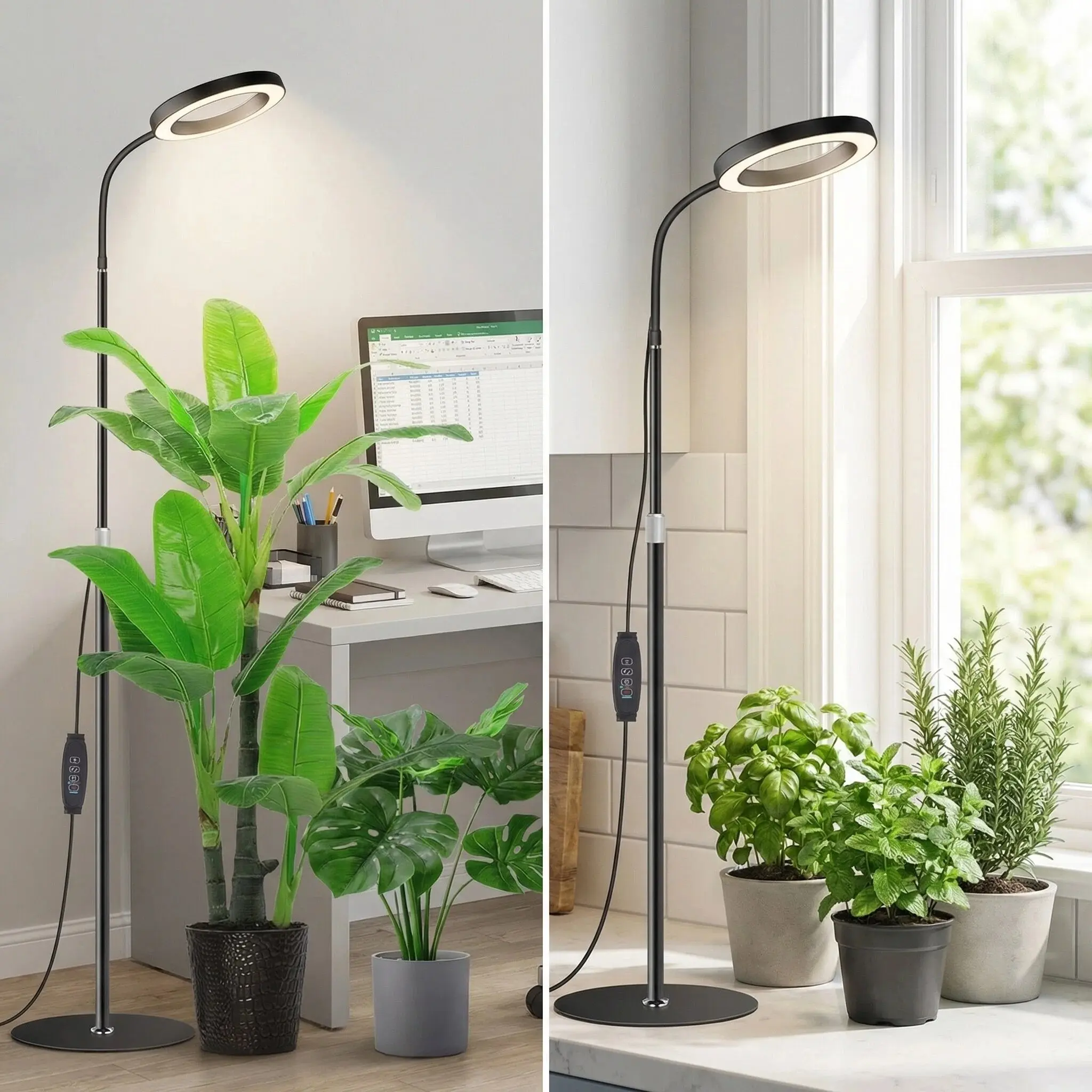 Indoor plant growth lamp, full-spectrum floor-standing plant lamp with 68-inch (about 172.7 cm) bracket, suitable for planting large and tall plants, black halo LED plant growth lamp with 3/9/12 hour timer.