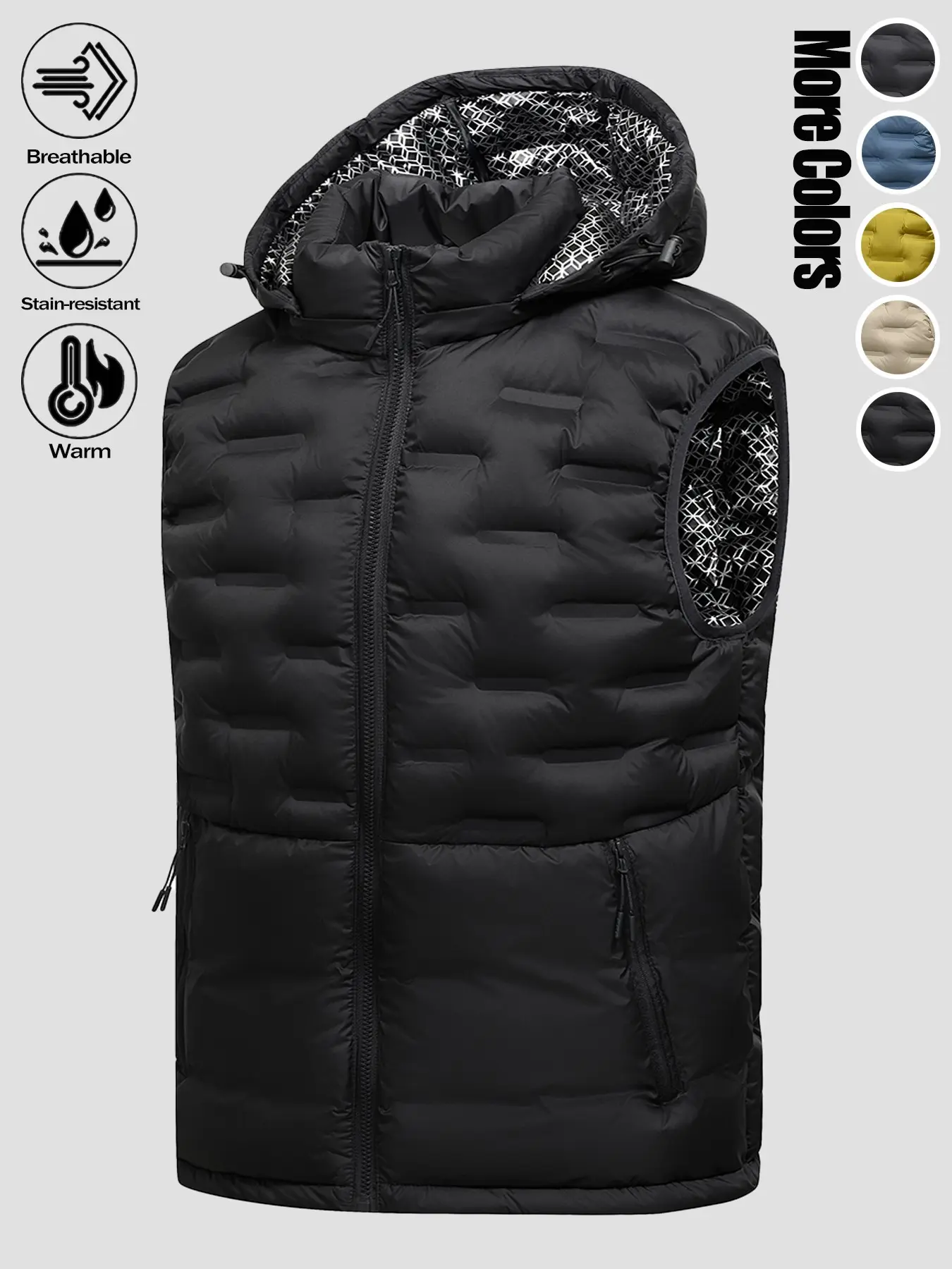 Men's Must-have Loose Breathable Thick Warm Windproof Waterproof Quilted Puffer Vest Detachable Hood Zipper Pockets 100% Nylon Couple Sleeveless Outerwear Versatile Sport Coat for Daily Commute Wild Adventure Mountain Hiking Skiing and Cold Casual Daily O