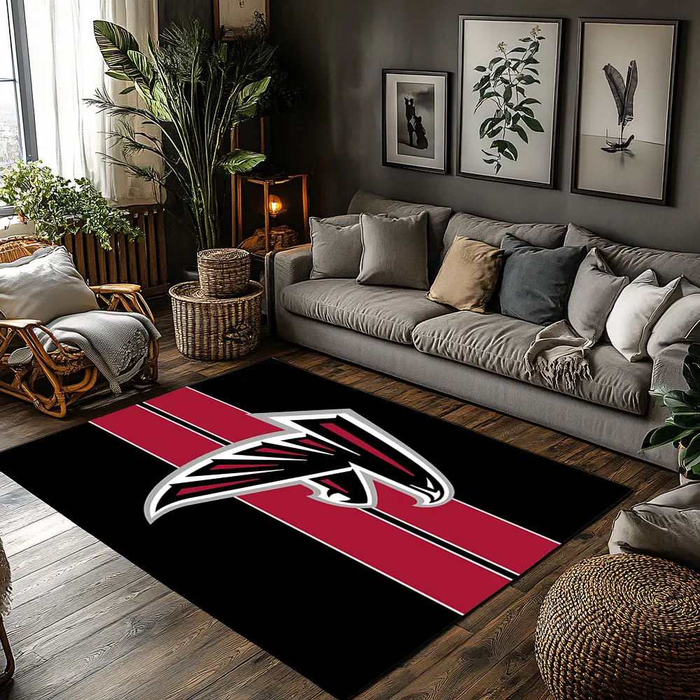 Hawk Head Logo Red Double Stripe Crystal Velvet Area Rug Non-Slip Sports Fan Home Floor Mat #HawkLogoRug #RedStripedSportCarpet #TeamFanDecor #BirdEmblemFloorMat #CrystalVelvetRug