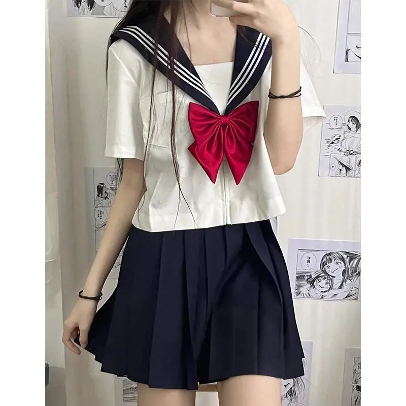New Japanese School Uniform Girl Jk Suit Sexy Spring and Autumn Red Tie White Three Basic Sailor Uniform Women Long Sleeve Suit