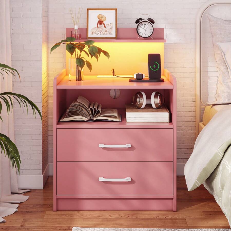 LED Nightstand with Charging Station, 2 Drawers & Open Storage, Bedside Table with LED Lights, USB Ports & Outlets, Modern End Table for Bedroom Living Room