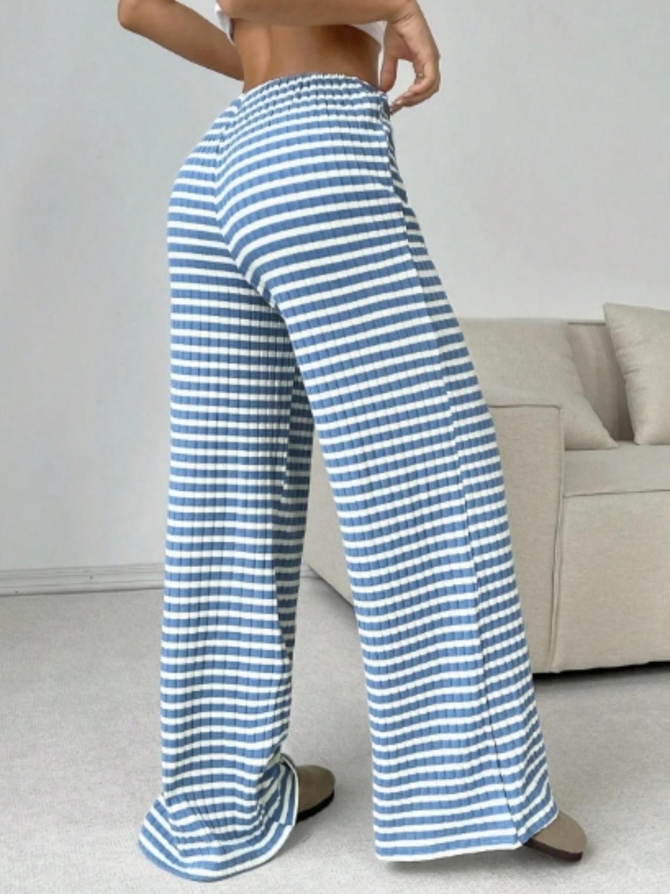 Women's Striped Casual Low Waist Fitted Pants, Fashionable Knitted Long Trousers for Daily Wear, Stylish Ladies' Clothing, Bottom