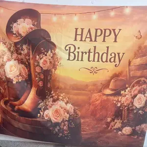 2D Flat Western Cowboy Birthday Background Cloth, Sunset Ranch Boot Rose Print, Indoor Outdoor Use, Party Decor, Polyester Material