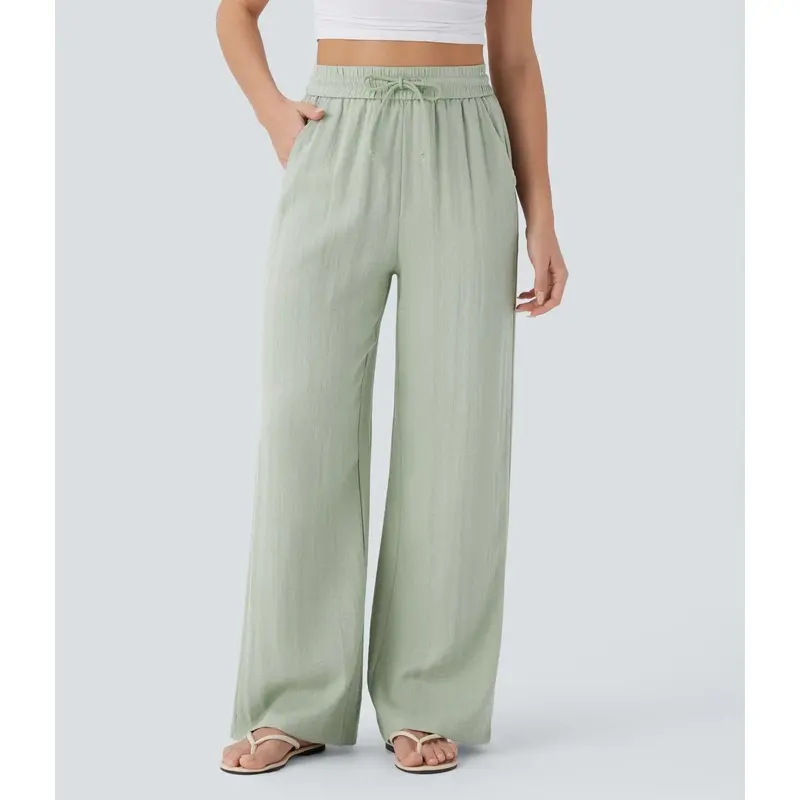 High Waisted Drawstring Pocket Wide Leg Baggy Casual Linen-Feel Pants