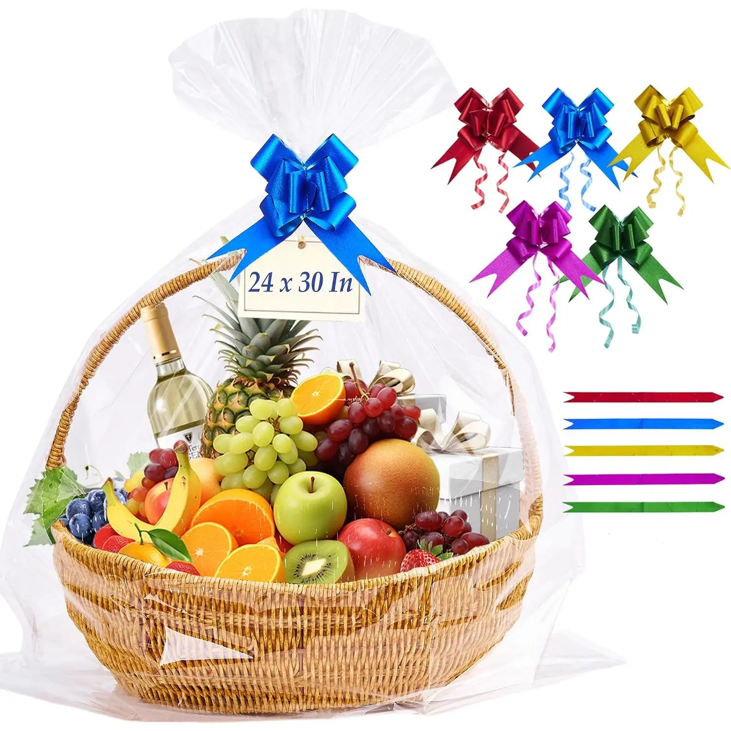 20 count 24 x 30 Inches Cellophane Bags for  Baskets with 20 Colorful Pull Bows, Plastic Clear Basket Bags, Cellophane Wrap for  Baskets for Birthday, Wedding, Thanksgiving