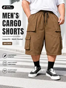 Large Size Men's Plain Casual Workwear Capri Pants, Drawstring Waist, Pocket Design, Comfortable and Fashionable, Ideal for Daily Wear