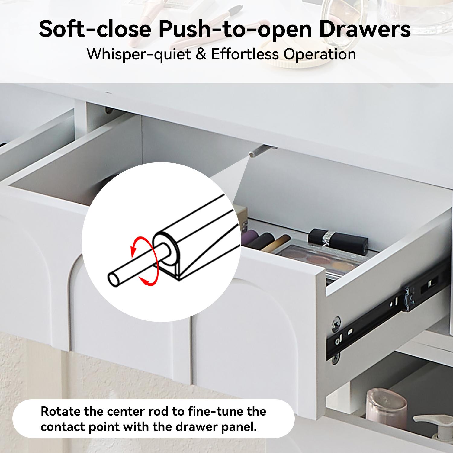 Modern Makeup Vanity Desk with LED Lights & Mirror, 4 Drawer Dressing Table Set with Stool, Space-Saving for Bedroom, White/Black Modern Makeup Vanity Desk with LED Lights & Mirror, 4 Drawer Dressing Table Set with Stool, Space-Saving for Bedroom, White/Black