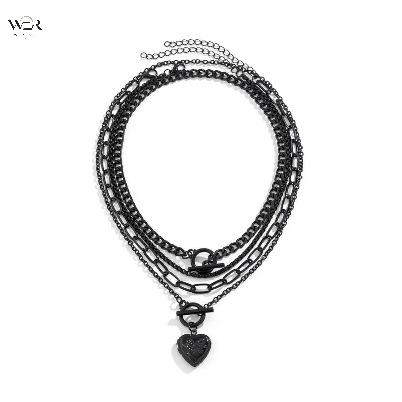 Men's Gothic 4-Piece Matte Alloy Choker Necklaces Set - Adjustable 3-Tier Layered Stackable Chokers, Shimmer Powder Heart Pendant, OT Clasp, Mixed-Texture Punk-Alt Edgy Costume Jewelry for Daily Wear & Gifting