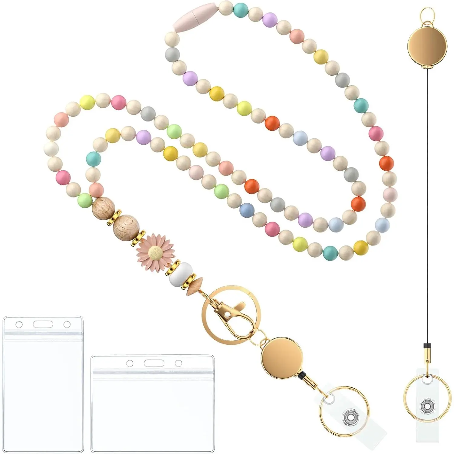 Teacher Lanyard with ID Holder for School  Badges | Wooden beaded teacher lanyard with ID holder, retractable breakaway design and  keeps badges and  handy.