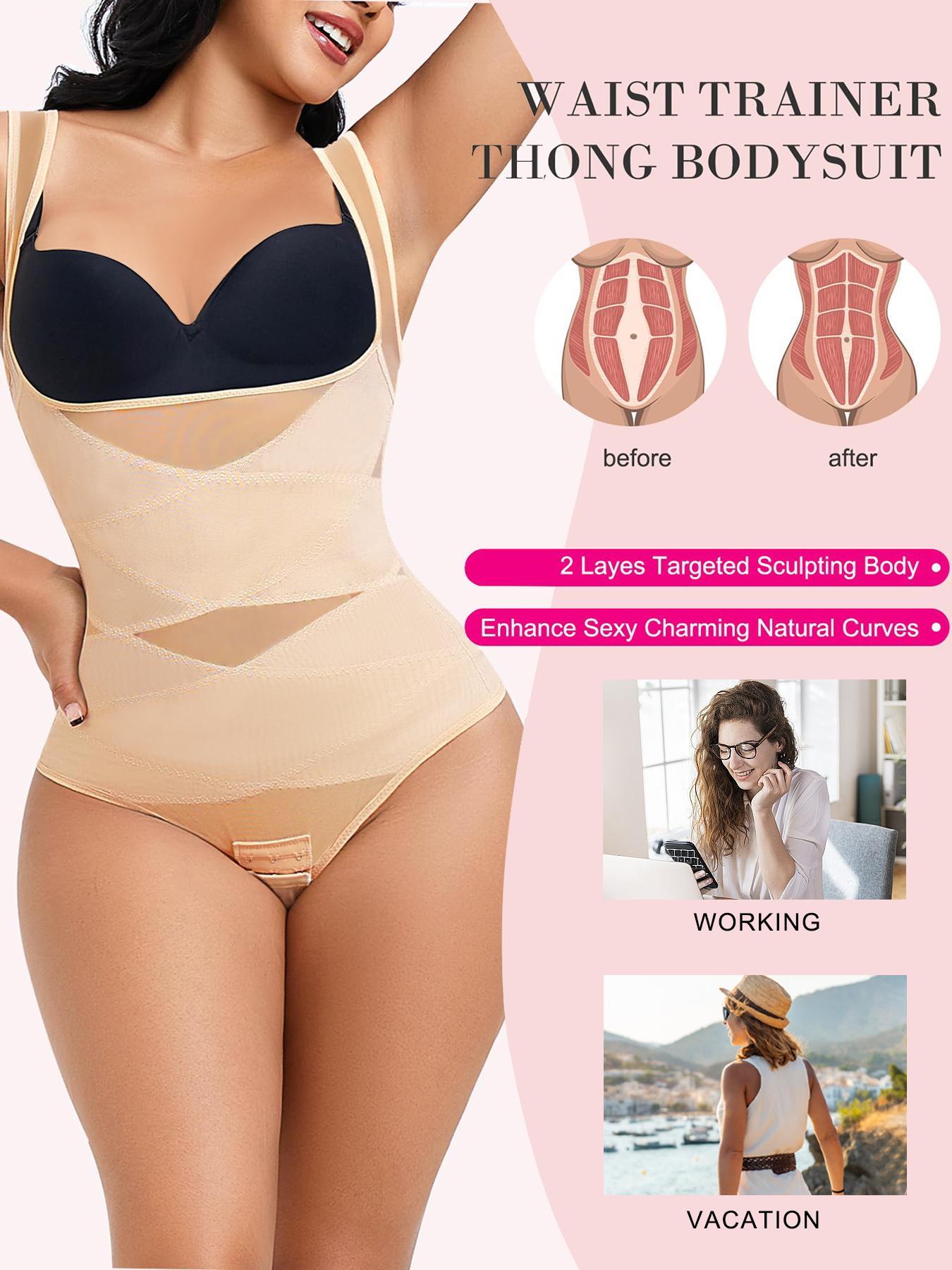 Women's Solid Color Hook-Eye Crotch Design Shapewear Bodysuit, Tummy Control High Stretch Shaper, Women's Shapewear for Daily Wear, Body Sculpting Compression