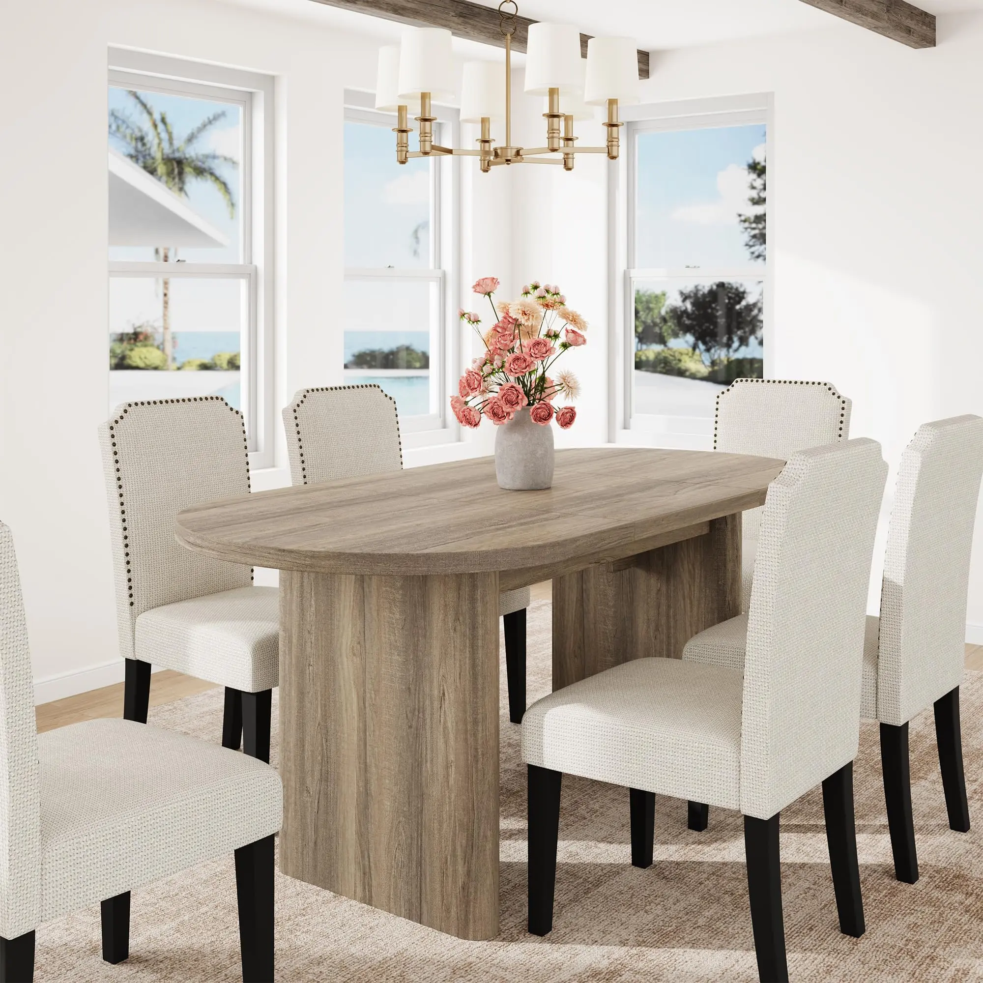 Garvee Oval Dining Table for 6-8 People, Large Kitchen Table with Thick Sturdy Wooden Base, Farmhouse Style Dining Room Table for Kitchen, Living Room, Office, 63" Long, Rustic Pear Finish