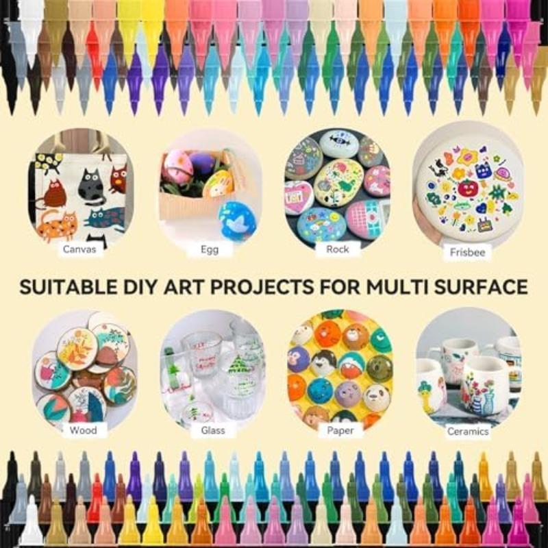 120-Color Acrylic Paint Marker Set, 60pcs Acrylic Paint Marker Pens with 2 Brush Heads, Creative Coloring Markers for Rock, Wood, Canvas, Stone and Fabric, Art Supplies, Art Materials, Artist Bundle, Acrylic Art Kit, Art Drawing Supplies