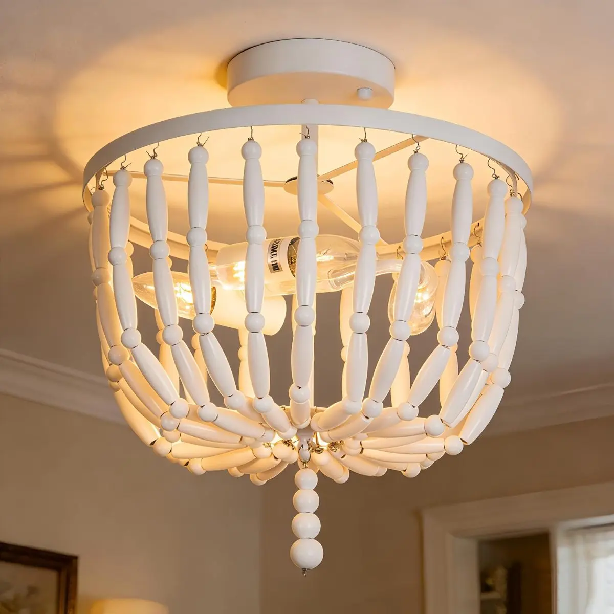 12.5" White Wood Bead Semi Flush Mount Ceiling Light Fixture - Modern Farmhouse Bohemian Coastal Chandelier for Entryway Bedroom Lounge Laundry Room Nursery Kitchen Island, E12 Base