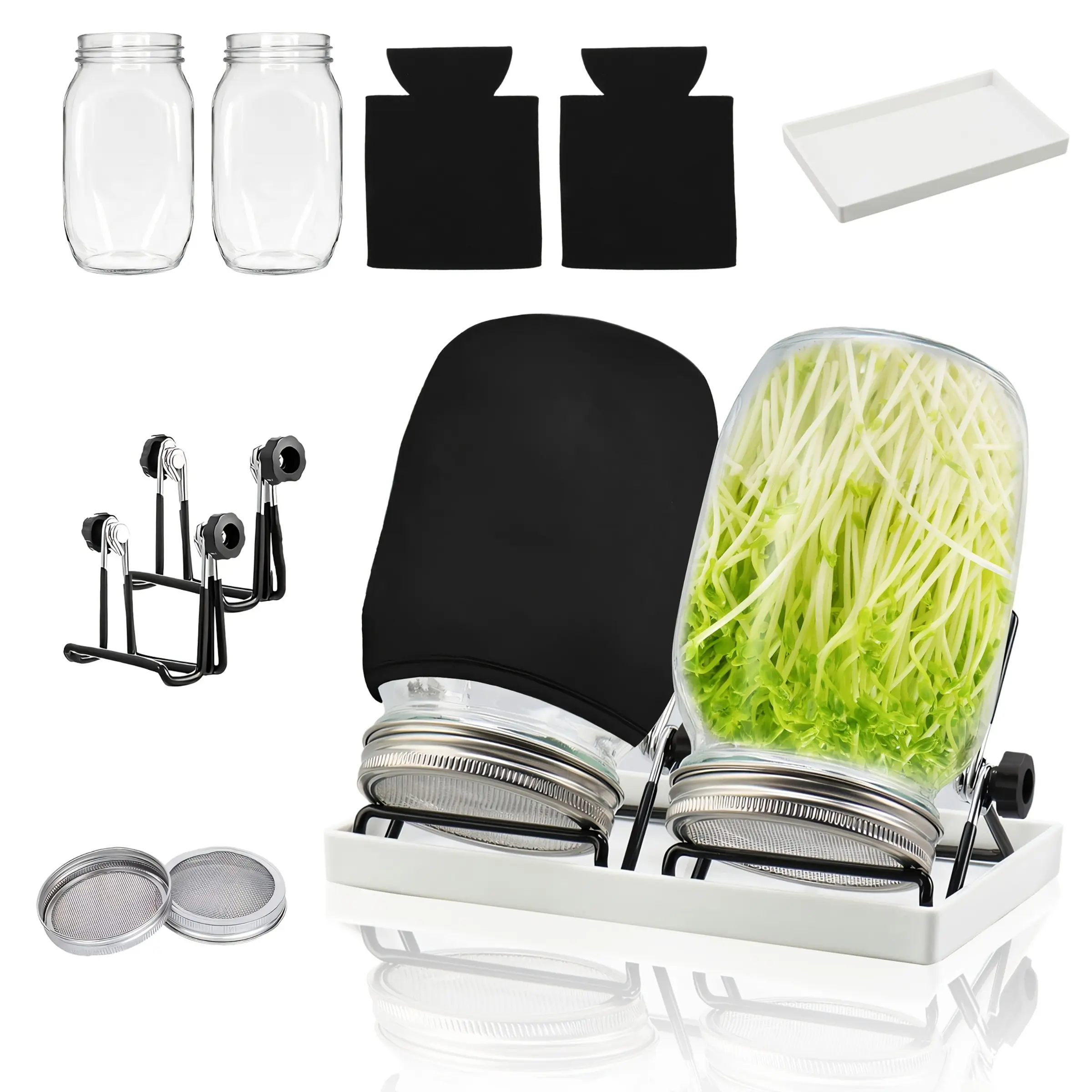 Indoor Seed Germination Kit, 13oz Glass Jars, Sprouting Filters, Jar Stand, Water Tray, Blackout Covers, Mason Jars with Filters, Growing Kit