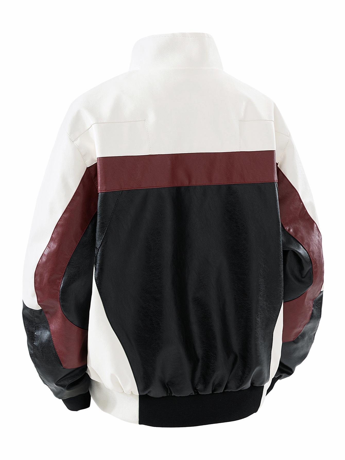 Men's winter new trendy color-blocked stand-up collar motorcycle jacket, PU leather racing suit, stylish oversized lapel coat SpringStatements