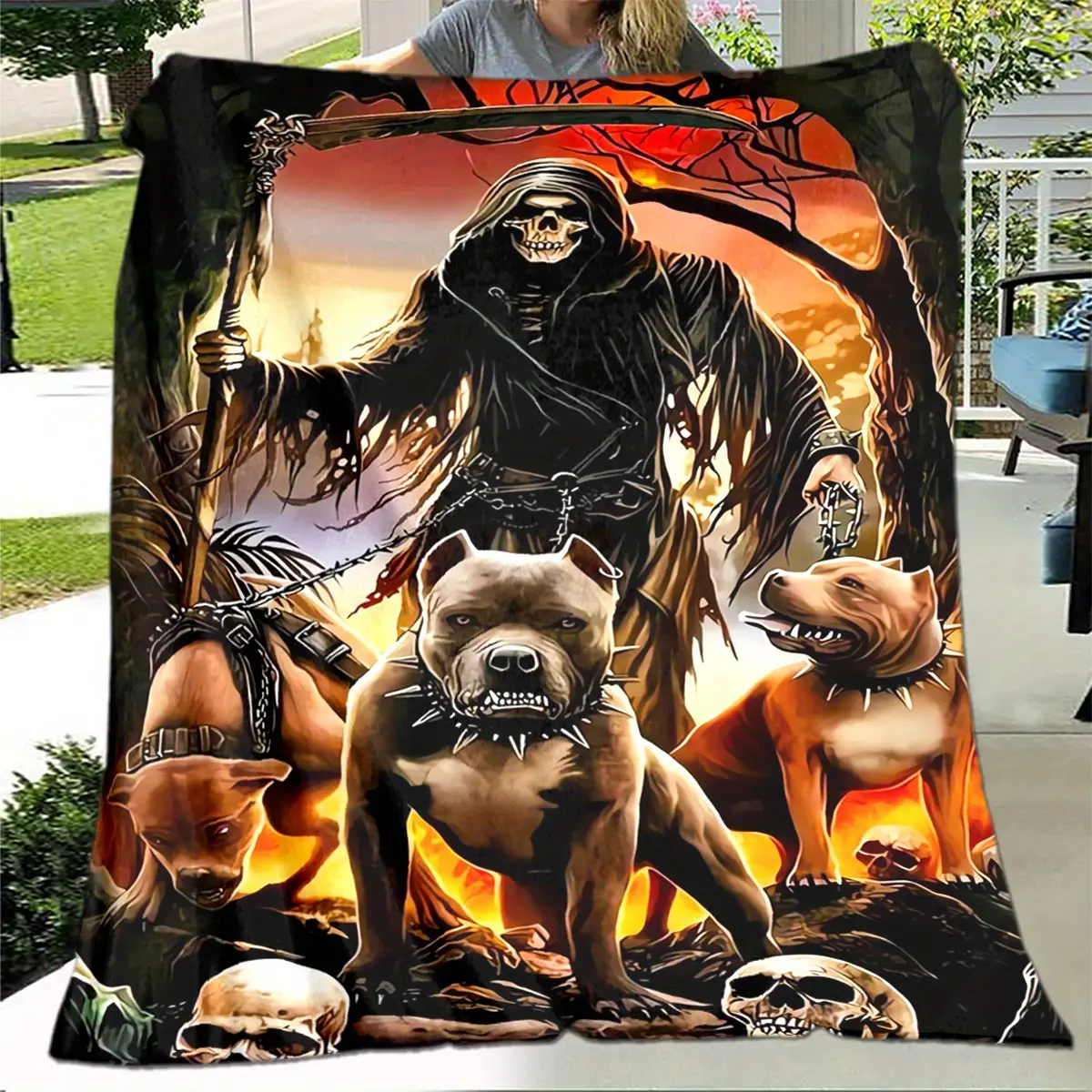 Grim Reaper Pitbulls Hell Fire Flannel Throw Blanket Skull Bully Dog Gothic Dark Art Soft Fleece Blanket Bully Lover Sofa Decor Gift