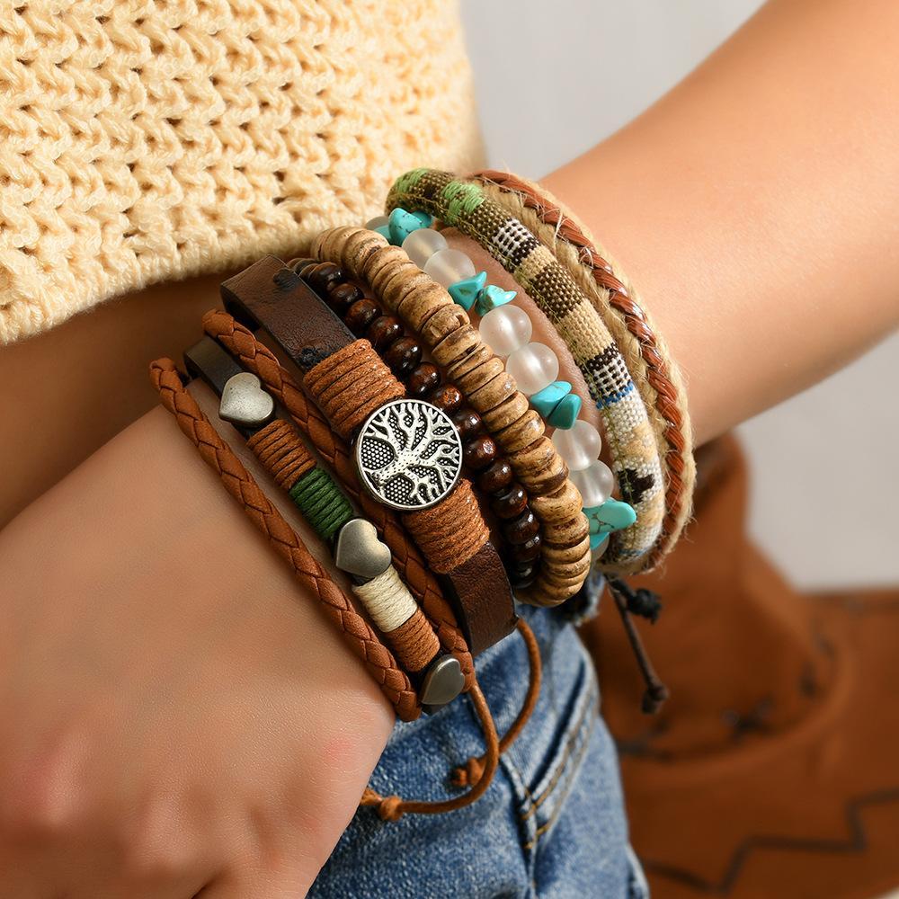 Boho Style Women's Multi-Layered Stackable Bracelet Set - Ethnic Retro Hand Jewelry with Tree Charm, Turquoise Beads, Ideal for Everyday Wear