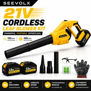 SEEVOLX 21V Cordless Leaf Blower Kit, 4.0Ah Rechargeable Battery Powered Leaf Blower with 4 Speed Modes & Turbo Boost, Includes 3 Nozzles, Safety Gloves, Earplugs & Protective Goggles for Lawn Care, Patio & Yard Cleanup