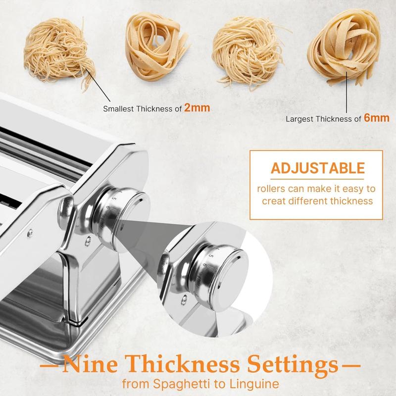 1pc Pasta Maker Machine - Adjustable Thickness (9 Settings) with Rollers and Cutterfor Pasta, for Making Spaghetti, Fettuccine, Lasagna - Ideal Gift for Food Lovers, Silvery Pasta Machine.