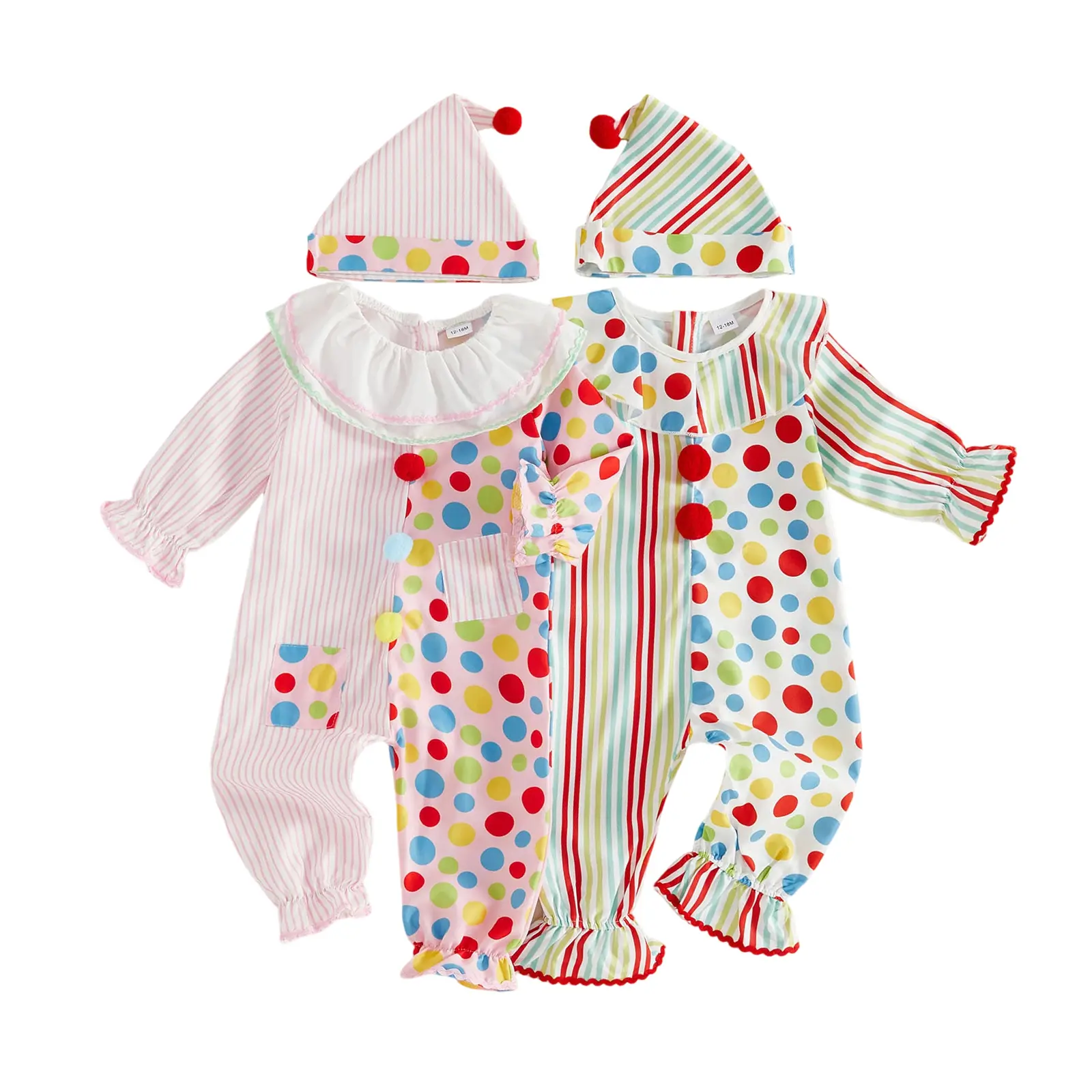 Toddler Baby Little Boy Girl Clown Costume Stripe Dot Print Long Sleeve Jumpsuit with Hat 1-4 Years