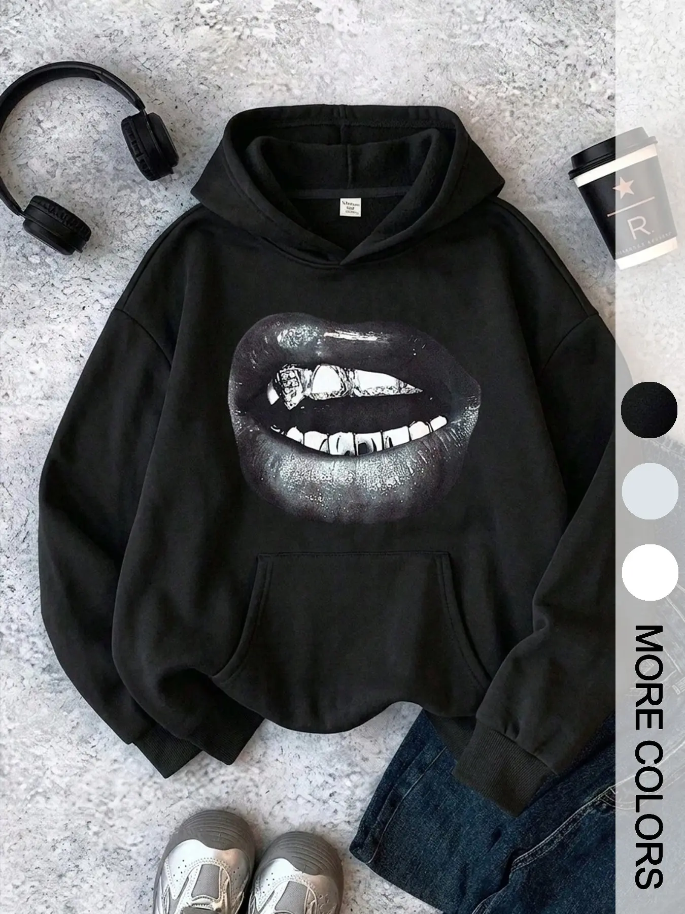 Vintage Distressed Diamond Fang Lip Print Hoodie Women, American Street Style Casual Loose Fit Long Sleeve Sweatshirt with Pockets