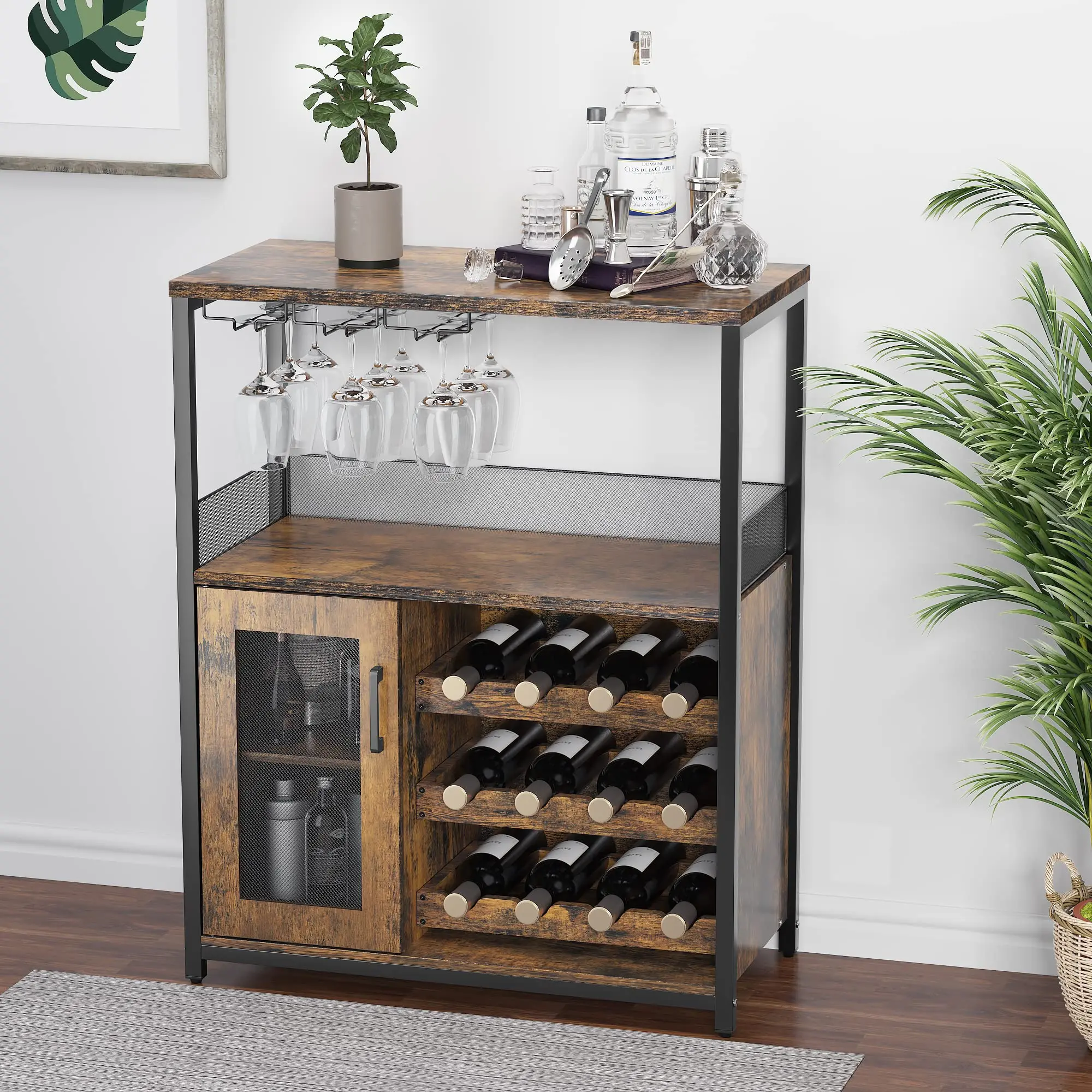 GARVEELarge Storage Wine Cabinet with Detachable Rack & Mesh Door, Grey - Rustic Brown