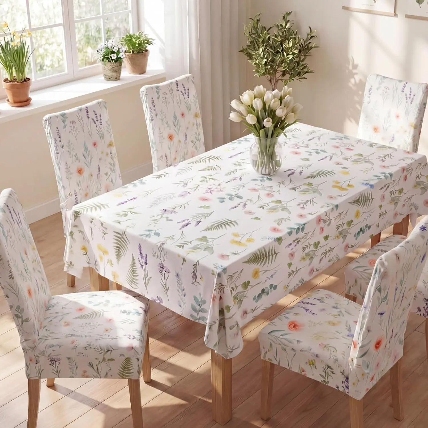 7 Pcs Chair Covers and Tablecloth Set for 6 Chairs 60 x 84 Inch Summer Floral Rectangular Table Cover with Stretch Dining Chair Slipcovers for Home Dining Room Camping Wedding