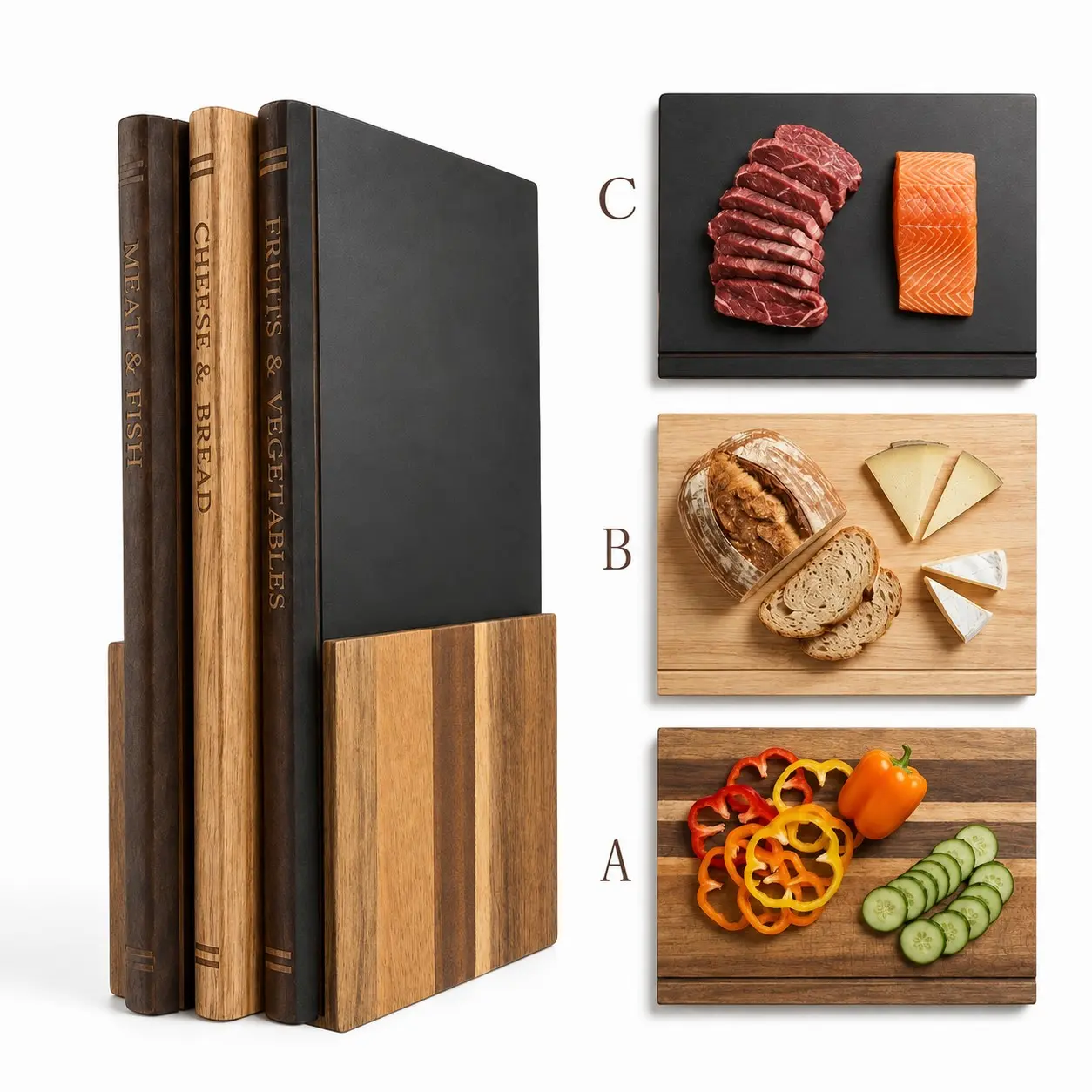 4-Piece Book-Shaped Wooden Cutting Board Set, 3 Chopping Boards with Storage Stand for Meat, Bread, Cheese & Vegetables, Halloween & Christmas Kitchen Gift