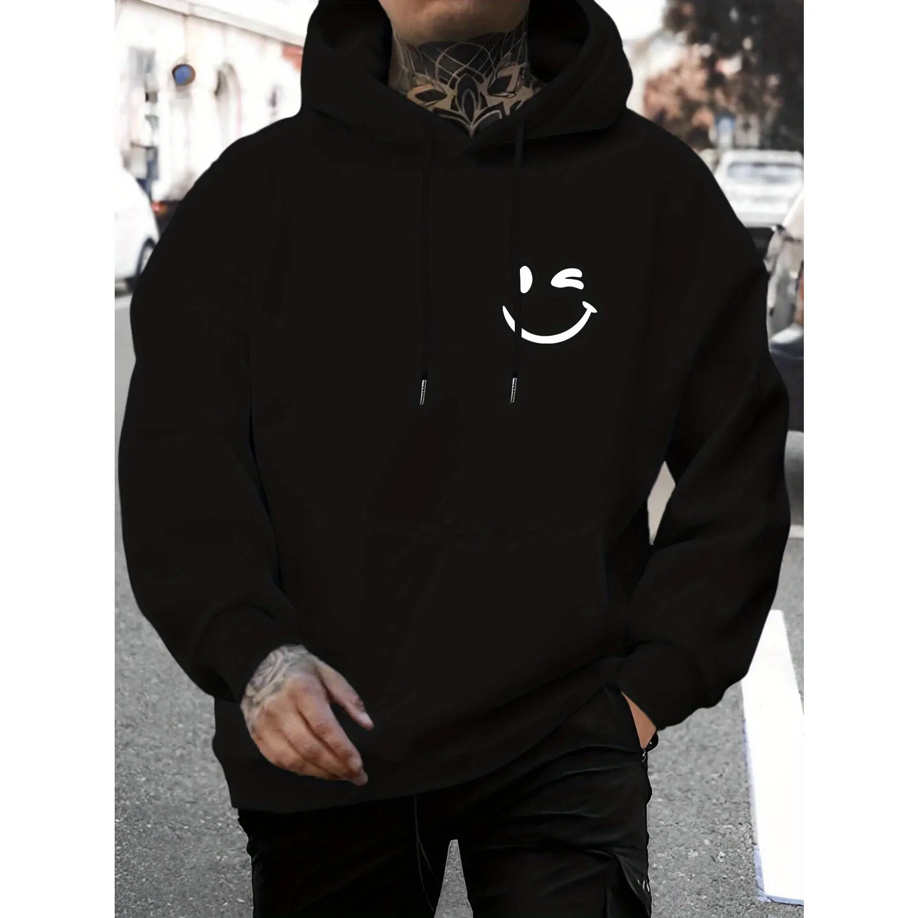 Men's New Smiley Face Print Casual Sweatshirt, Fashionable Drawstring Hoodie, Autumn and Winter Top, Comfortable and Versatile Long-Sleeve Hooded Sweatshirt