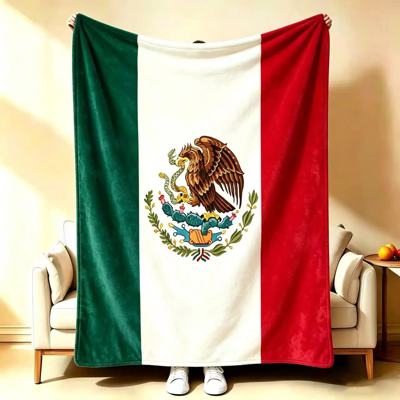 Authentic Mexico National Flag Flannel Blanket, Classic Mexican Eagle Crest Print Soft Fleece Throw, Green White Red Patriotic Decor Blanket for Bed Sofa Wall Hanging, All Season Warm Cozy Skin-Friendly Cover, Multipurpose for Nap Camping Fiesta, Ideal Me