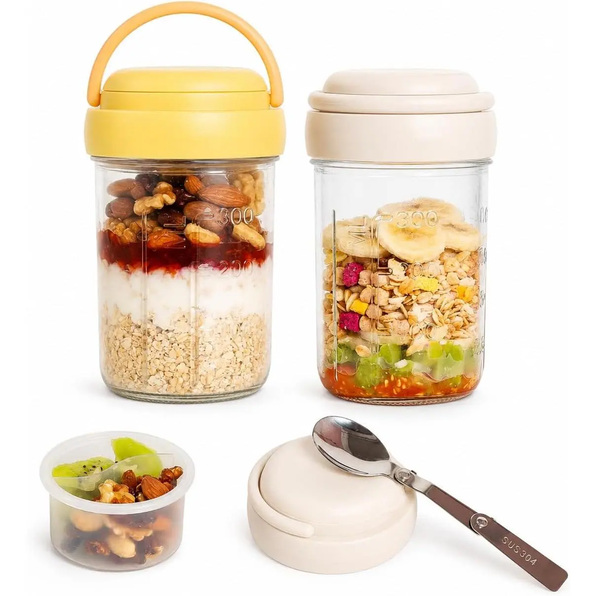 Overnight Oats Containers with Handles &  – 16oz Glass Mason Jars with Spoons & Fruit Compartments,  Pudding Jars with , 2 Sets (Cream, Yellow)