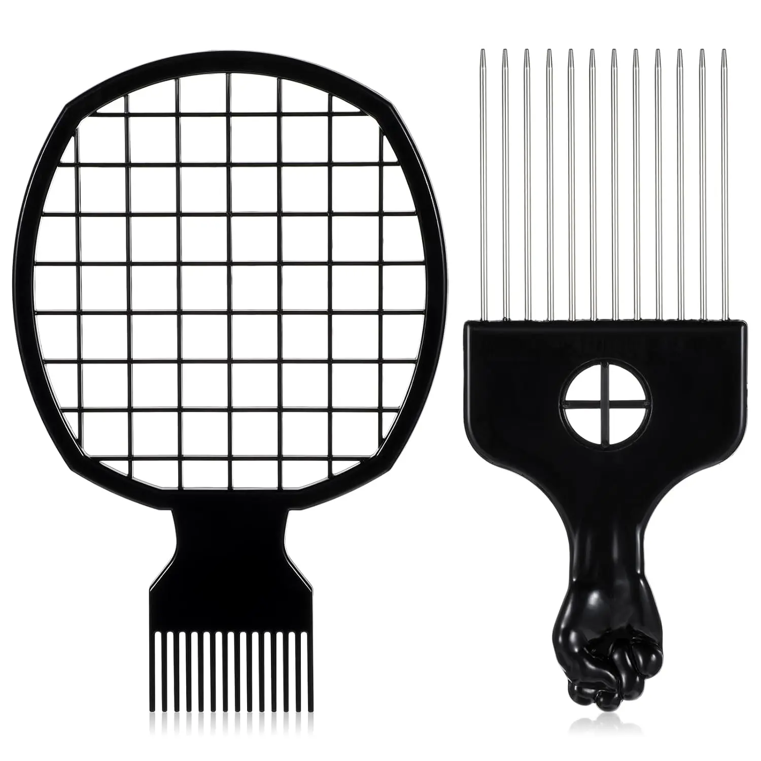 2pcs Hair Pick for Black Men,Metal Afro Picks for Men and Hair Racket for Wig Braid, Afro Pick & Hairs Racket for Black Men Women, Curly Hairs Detangling, Styling and Lifting
