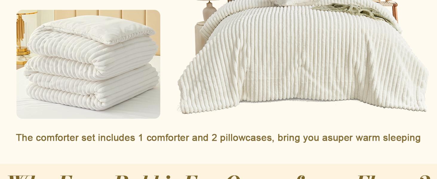 Faux Fur King Size Comforter Set 3 Pieces – Soft White Comforter Full Size, Vertical Striped Faux Fur Fuzzy Warm Bedding Set(1 Comforter and 2 Pillowcases)