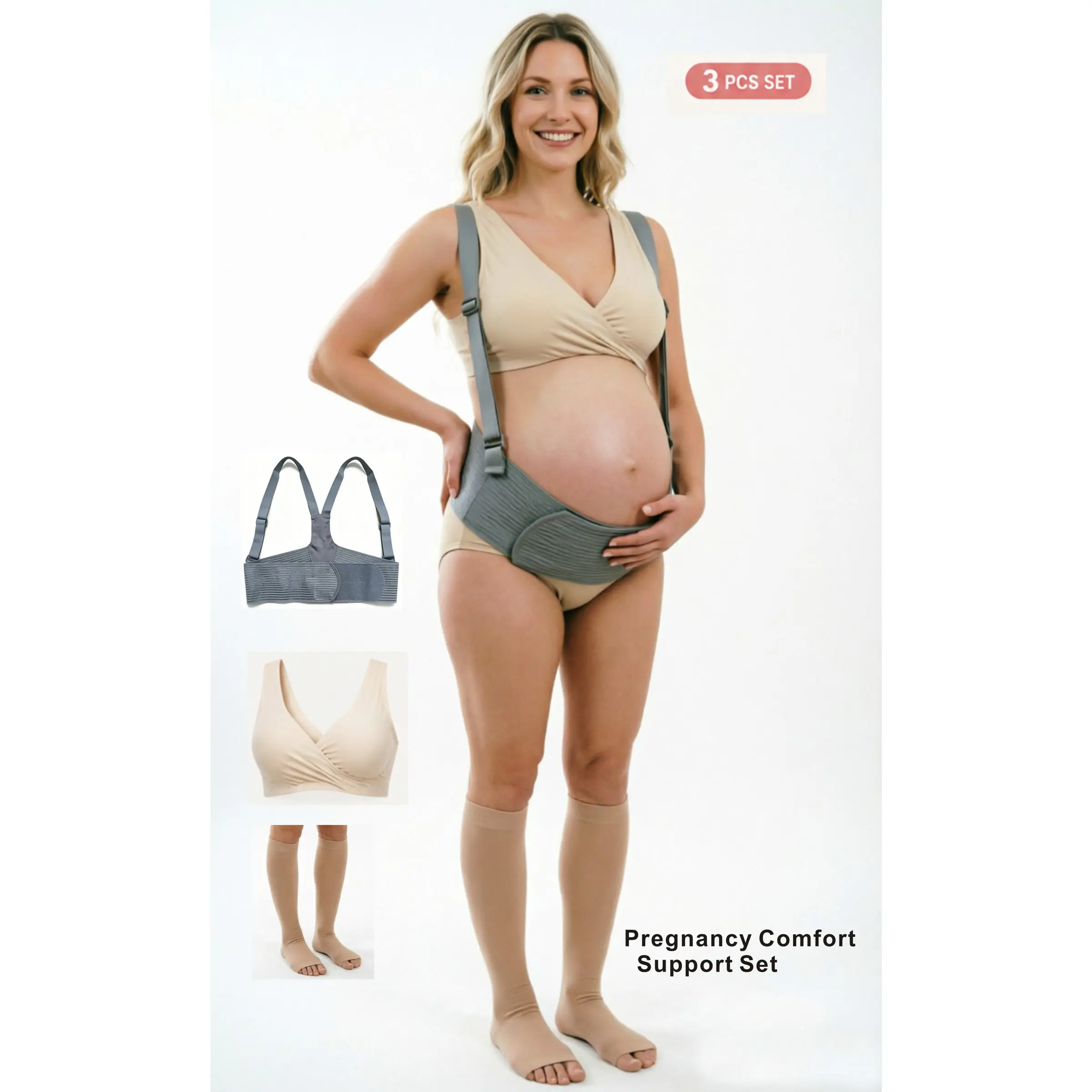 3 in 1 Maternity Essential Set | Maternity Pregnancy Belly Band Support Belt + Maternity Open Toe Compression Socks + Cotton Crossover Nursing Sleep Bra