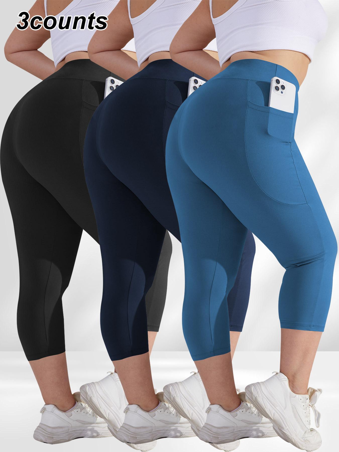 [Plus Size] Solid Color Pocket Skinny Capri Leggings, Casual Comfy Breathable High Waist Capri Leggings for Daily Wear, Women's Bottoms for Summer, Womenswear