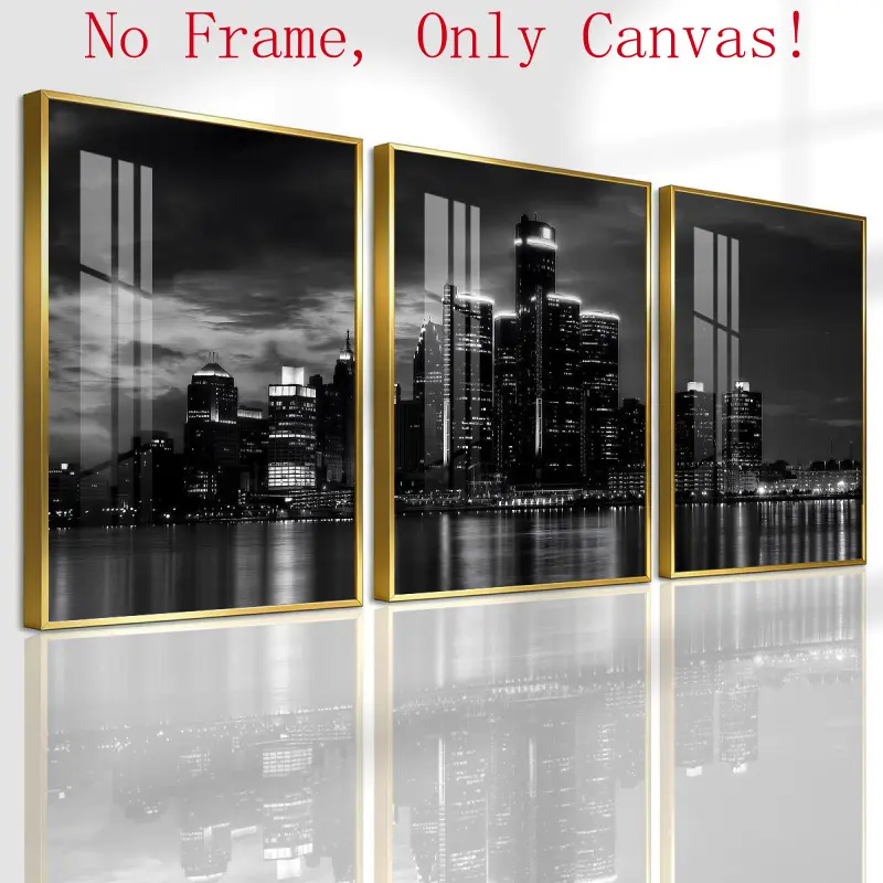 3-Piece Modern Detroit City Skyline Canvas Wall Art - Black and White Night View, Woody Wood-Framed Waterproof Architecture Prints, Box-Worthy Military Plaid Accent Decor for Bedroom, Housewarming Gift for Men, Houndstooth