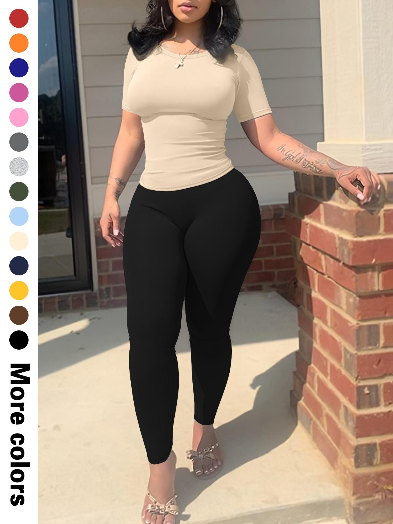 Women's Solid Top & Legging Two-piece Set, Casual Fashion Cozy Breathable Two Piece Outfits for Daily Wear, 2 Piece Sets Women, Ladies Summer Clothes, Workout Running Clothes, Yoga Gym Outfits, Athleisure Wear Set