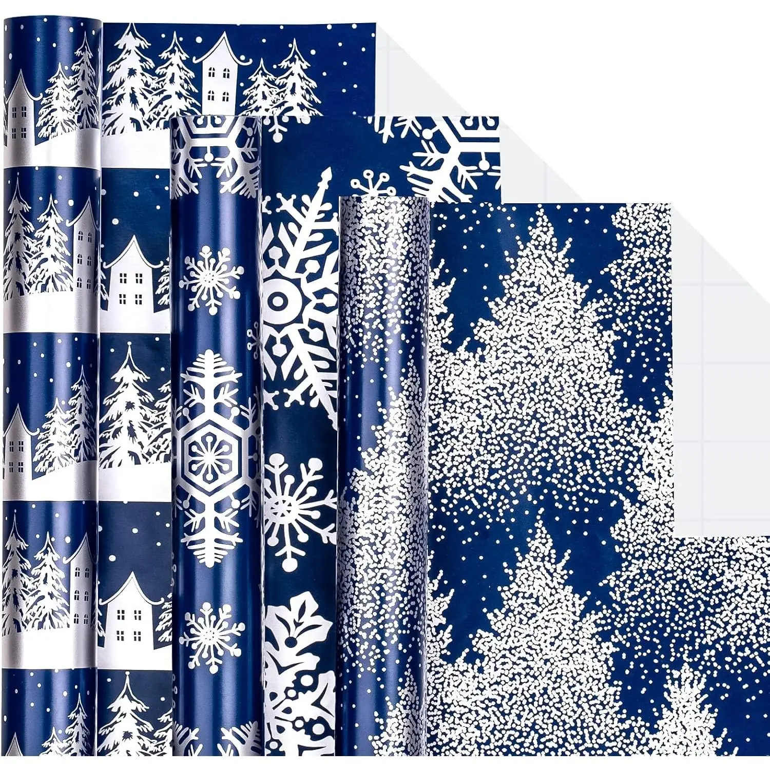 Navy Christmas Wrapping Paper Min Roll, Snowy Woodland Scenes House Snowflake Tree Holiday  Wrap, Arts Craft, for Xmas Winter Party Men Women, 17 x 120 inches, 3 Rolls