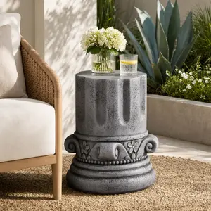 ARCH Modern Cement Outdoor End Table for Patio Garden Accent Side Table Small Round Stool Drum Table Antique Grey Magnesium Oxide Weatherproof Sturdy 14.37x14.37x18.11 in Indoor Outdoor Use, Antique Grey Color Options, Magnesium Oxide Material