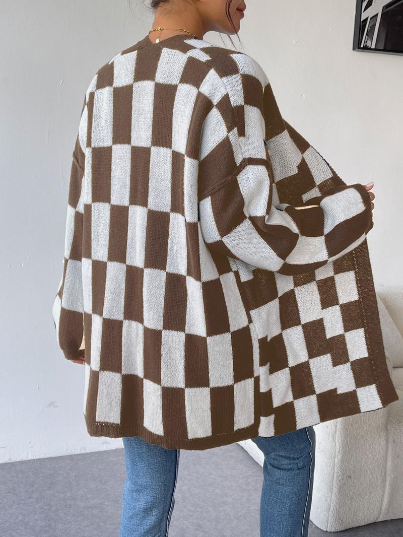 Christmas Deals Women's Checkerboard Pattern Drop Shoulder Cardigan, Casual Long Sleeve Open Front Knitwear for Summer, Fashion Ladies' Knit Clothing for Daily Wear, Christmas 2024 Trend, Fall&winter Clothing