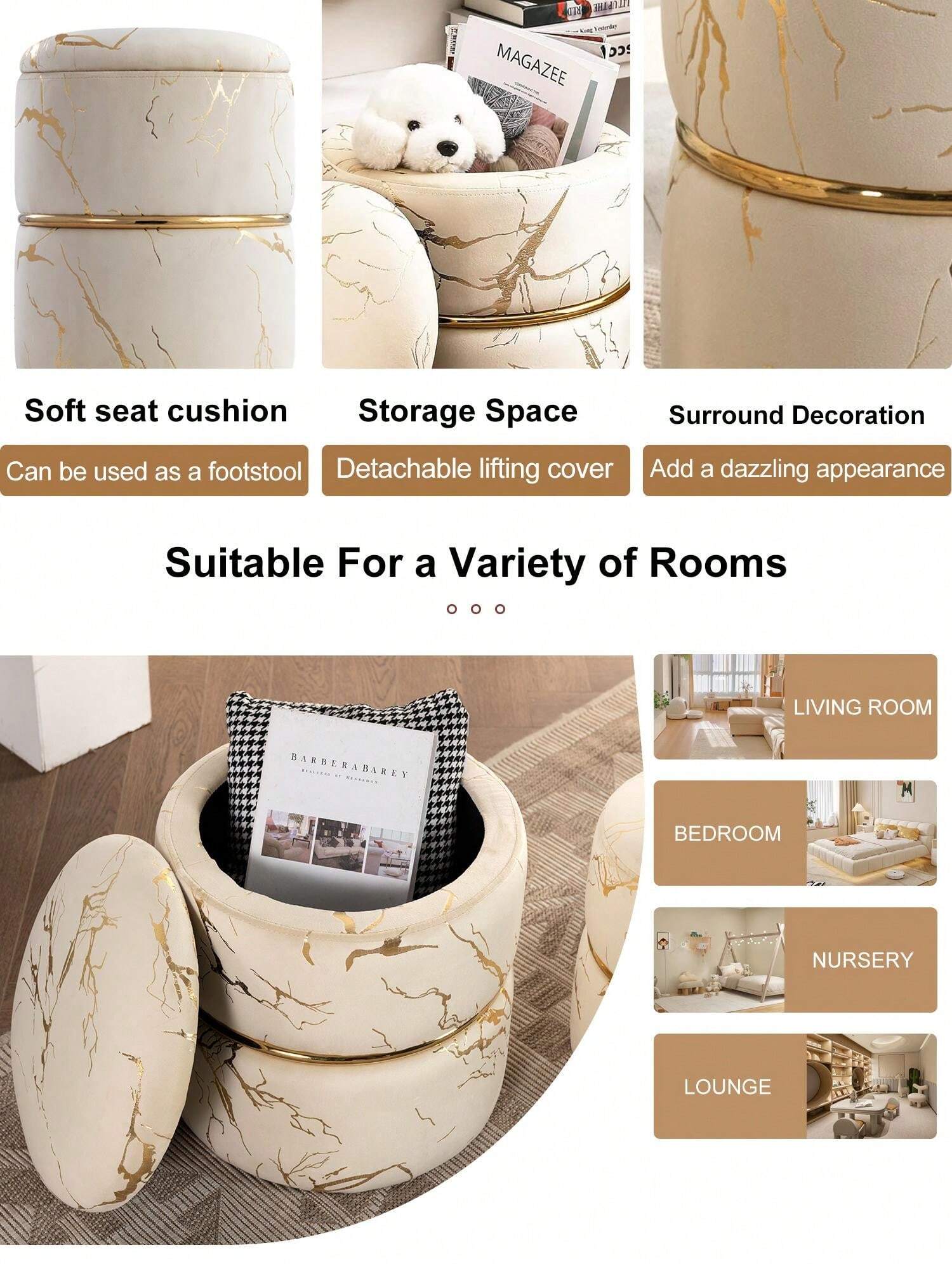 Pack Of 2 Black Round Bronzing Storage Ottoman Modern Velvet Upholstered Ottoman Stool Luxurious Poufs Sofa Footrest For Living Room Makeup Vanity Stool For Bedroom Room Decor