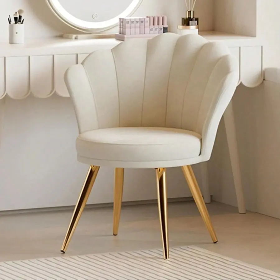 Velvet Upholstered Curved Back Accent Guest Chair with Gold Metal Legs, Shell Shape Vanity Seat for Makeup Room, Living Room